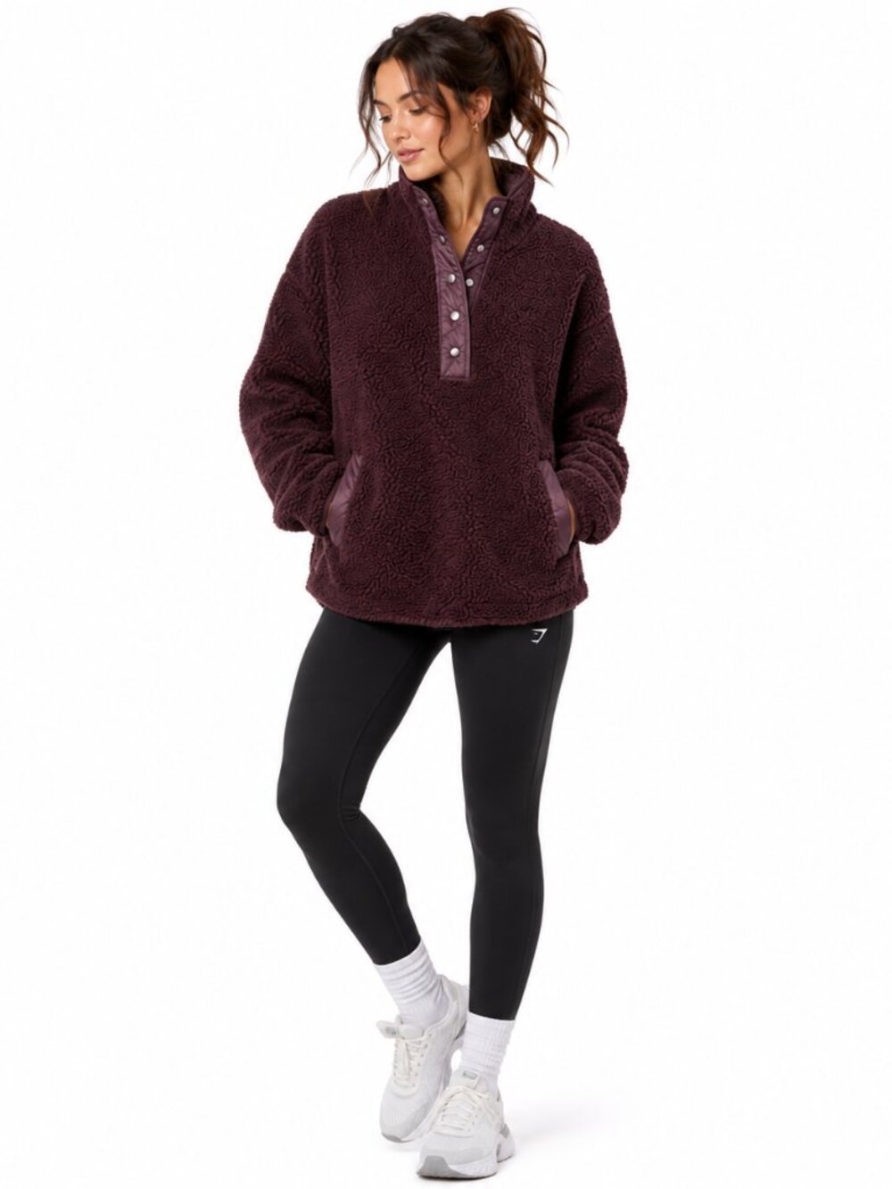 Athleta Cozy Sherpa Snap Pullover Womens L Spiced Cabernet Fleece Oversized